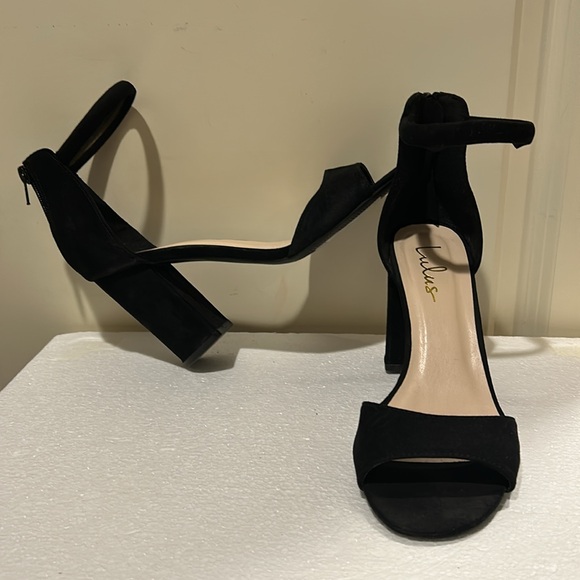 Lulus Ankle Strap Block Heels zip back faux suede open toe sandals size 8 black - Picture 6 of 17